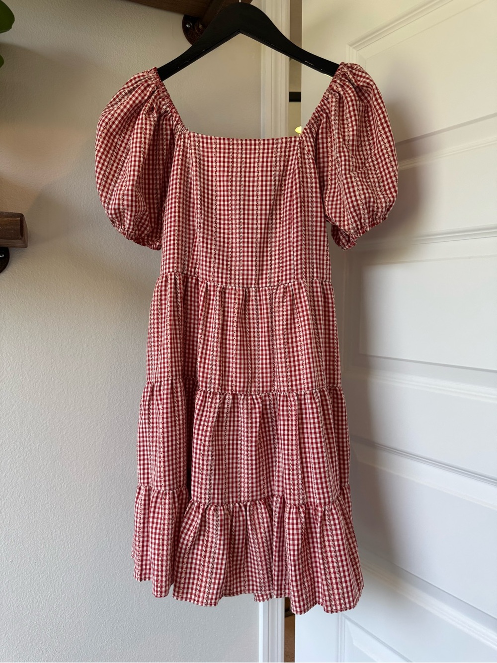 Chelsea & Violet Red Gingham Embroidered Puff Sleeve Tiered Dress